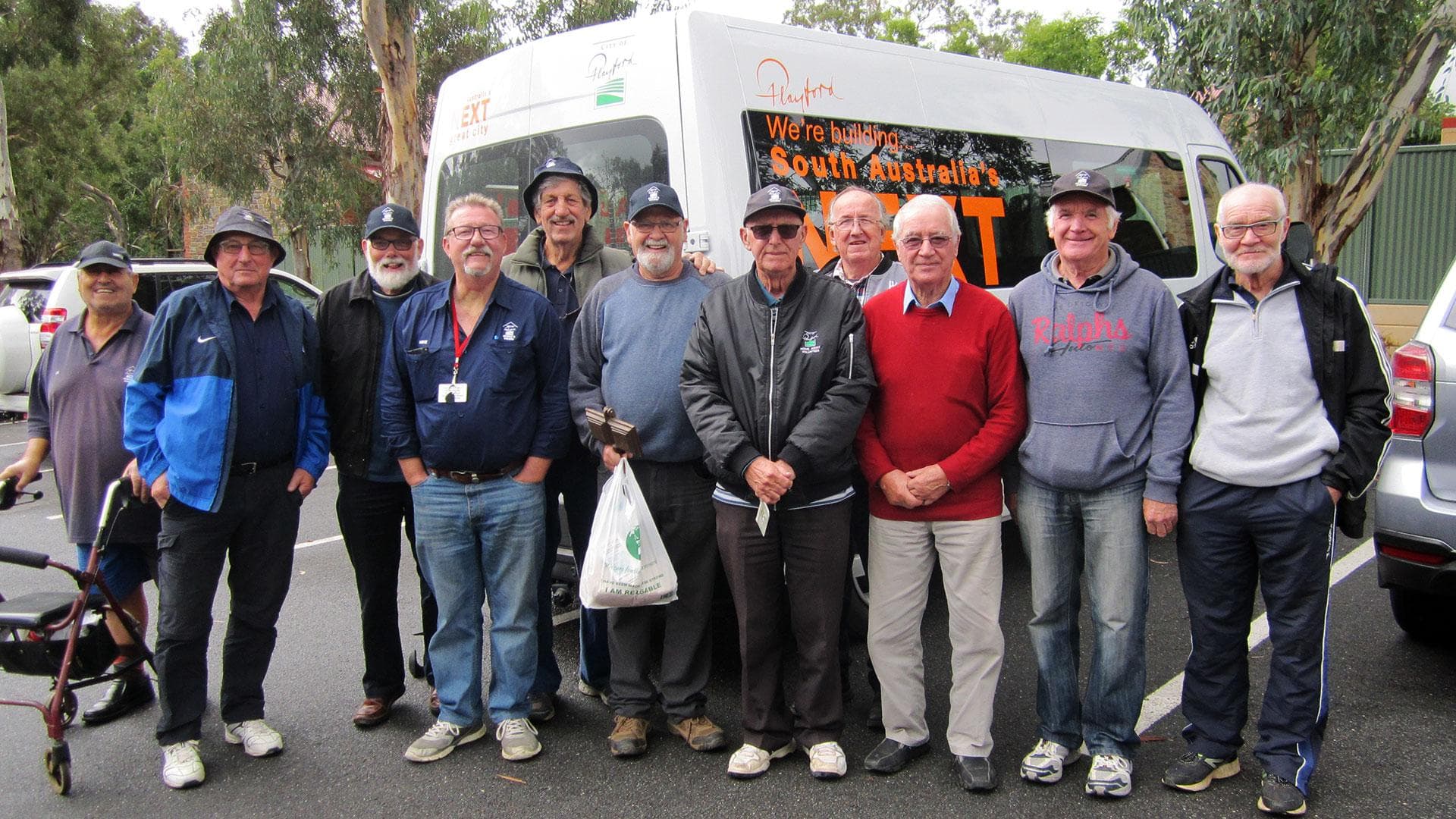 Playford Men's Shed members on their way to a group outing